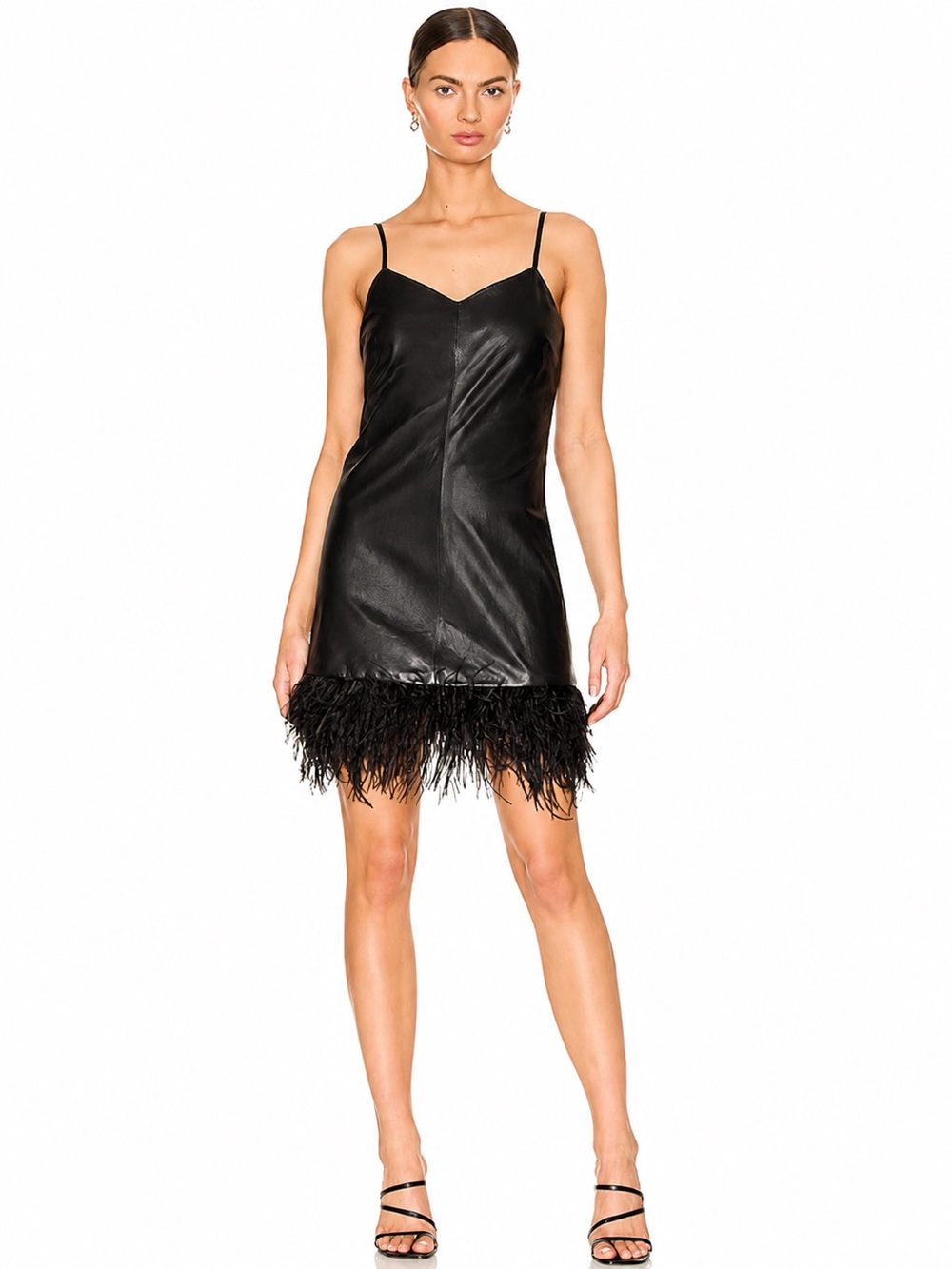 LAMARQUE Abella Black Lamb Leather Feather Trim Mini Dress Size S | Screen Worn